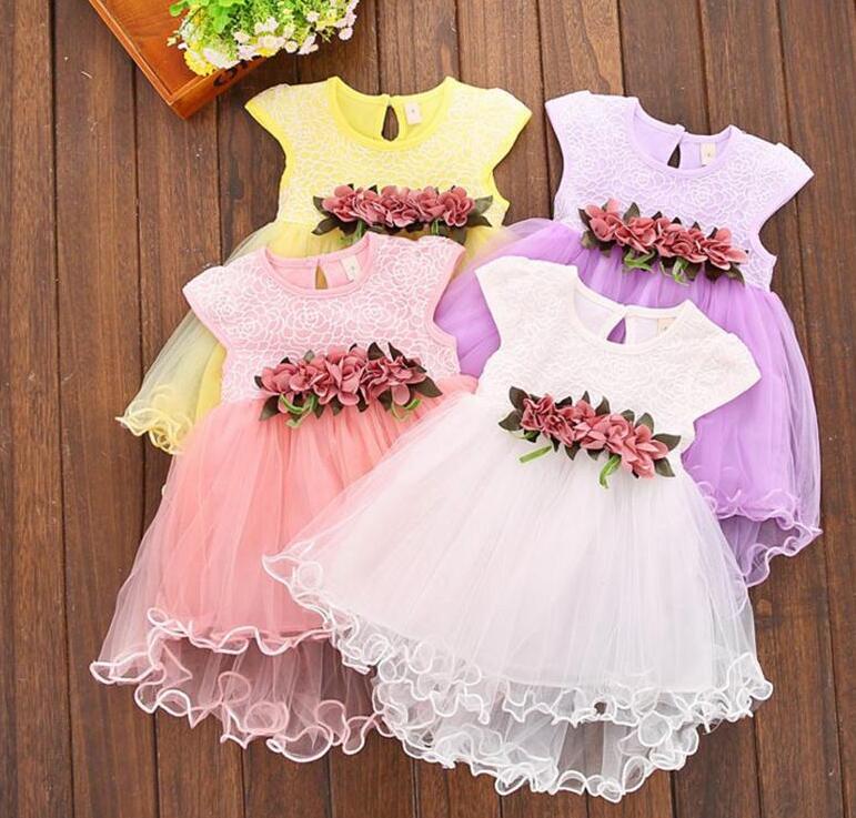 Girls Floral Bubble Skirt TUTU Skirt with Flowers Lace Baby Summer Dresses Short Sleeve Cotton 9M-3T